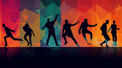 Silhouettes of people dancing on a colorful background. Generative AI.