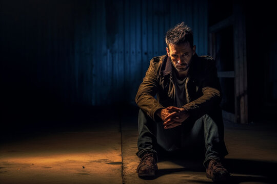 sad man sitting on ground on dark background, dark light photography