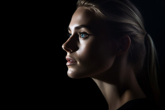 Beautiful serious concentration intelligence woman in darkness with thinking look , Closeup portrait in dark shadow low key, Art, Profile