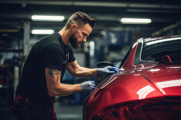 Mechanic painting a car in a workshop. AI generated - obrazy, fototapety, plakaty