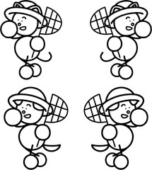 虫取り網を持つわんまるとにゃんまるの線画セット　犬　猫