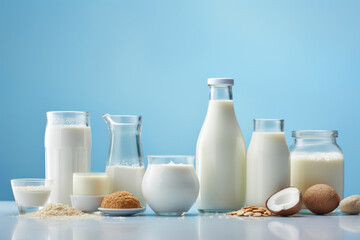 Obraz na płótnie Canvas Various types of vegan milk. AI generated