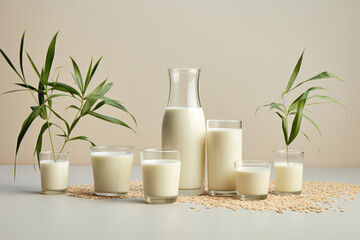 Obraz na płótnie Canvas Various types of vegan milk. AI generated