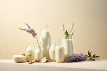 Fototapeta na wymiar Various types of vegan milk. AI generated