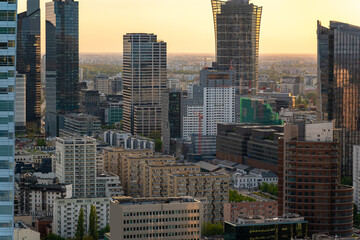 Panoramic view of modern skyscrapers and business centers in Warsaw. View of the city center from...