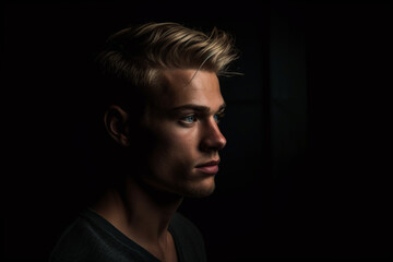 Dramatic portrait of a guy on a black background, dark light photography