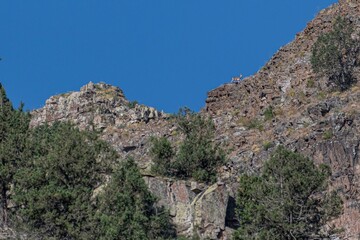 Fototapeta na wymiar A couple of isolated Bezoar Goats in the far distance on a mountain rocky background- Armenia