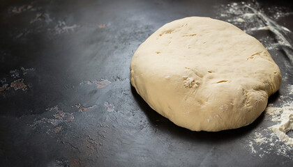 Raw yeast dough for pizza, bread or pasta. Dark food background. Copy space for text