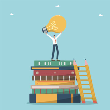 Learning and obtaining new knowledge to create innovations, development of intellect and logic to search for new opportunities, wisdom to achieve goals and success, man stands on books with light bulb