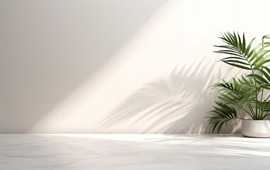 Palm leaves cast shadow from white marble, in the style of bokeh panorama, modern, realistic landscapes with soft edges, kitchen still life, light emerald and gray, flat perspective