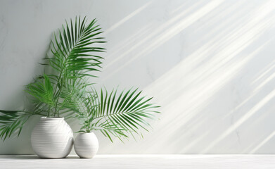 Palm leaves cast shadow from white marble, in the style of bokeh panorama, modern, realistic landscapes with soft edges, kitchen still life, light emerald and gray, flat perspective