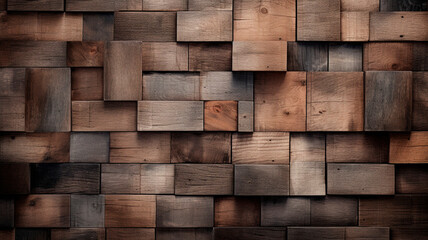 Old wood wall consisting of thick wooden blocks. Rustic wood abstract background. Generative AI