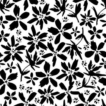 Simple floral vector seamless black and white pattern. Flowers, twigs, dots. For fabric prints, textile products, packaging.