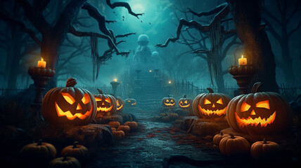 Naklejka premium halloween background mysterious forest with pumpkins burning eyes.