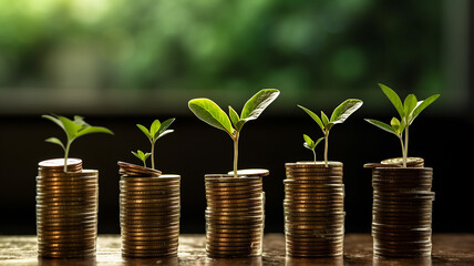 Fototapeta na wymiar the concept of growth investment business green shoots on coins.