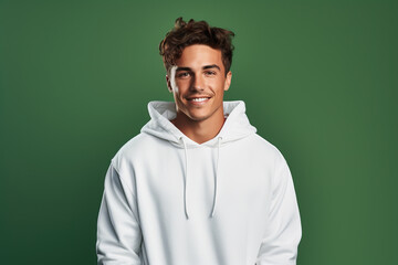 Young smiling caucasian man wearing blank white hoodie isolated on a green background. AI