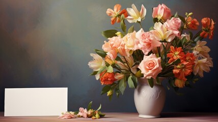A bouquet of beautiful flowers in a vase on the table next to a blank card