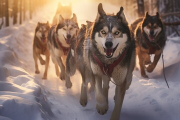 Naklejka premium Sledding with Husky Companions