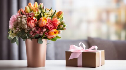 A bouquet of beautiful flowers in a vase on the table next to a gift box