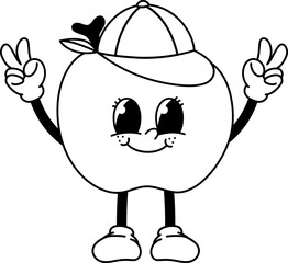 Obraz premium Retro Cartoon Mascot School Apple Groovy Character Victory Outline
