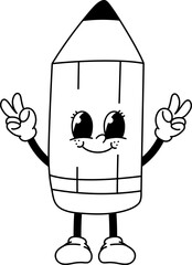 Retro Cartoon Mascot School Pencil Groovy Character Victory Outline