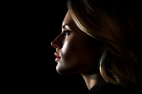 Beautiful serious concentration intelligence woman in darkness with thinking look , Closeup portrait in dark shadow low key, Art, Profile