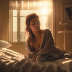 sexy woman in a romantic hotel room at sunset