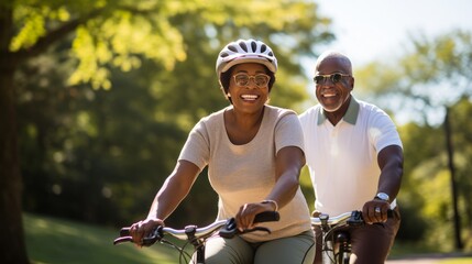 Old black couple biking in the park - Powered by Adobe