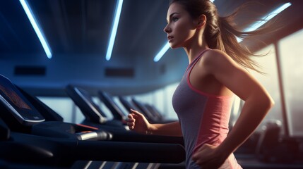 Fototapeta na wymiar Woman in the gym running on the treadmill