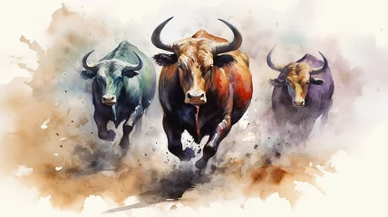 Fototapeten watercolor drawing of a group of bulls running on a white background. © kichigin19