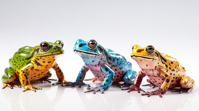 a set of colorful frogs on a white background.