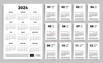 Calendar for 2024. Variants of vertical poster calendar and monthly vertical calendar vector template set. A4 format.