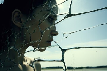 Surreal Photography of a person with a broken mirror , symbolize inner turmoil. Generative AI