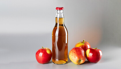 Apple cider bottle and red apples on light gray background
