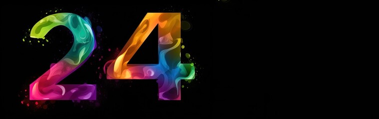 24 for year 2024 in colorful luminescent colors. Card for greetings. Happy new year glowing in lights, energy. Black background.