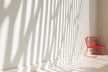 A white wall and red chair with light and shadow