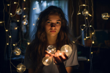 young woman holding fairy lights in dark room, dark light photography