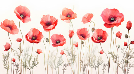 red poppy flowers on white background. 