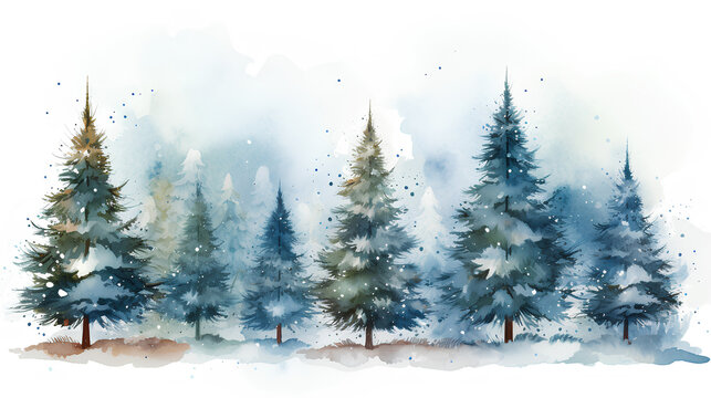 watercolor illustration of winter landscape with fir trees and pine forest