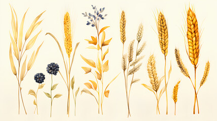 watercolor set of wheat ears.