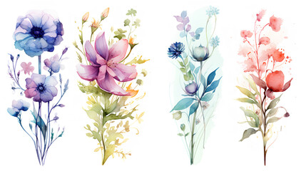 Obraz na płótnie Canvas set of watercolor wildflowers. watercolor illustration of a set of wildflowers, leaves and buds. 