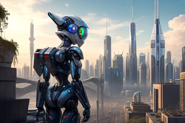 Naklejka premium robot in the city. Generative AI