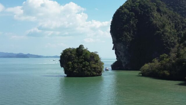 Flight over seas in Phang Nga bay near Panak island, nature of Phang Nga national park in southern Thailand
