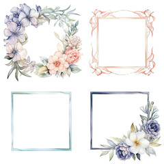 Set of floral watercolor branch and minimalist flowers in wreath borders and frame. Hand drawn line wedding herb, elegant leaves for invitation save the date card. Botanical rustic trendy greenery vec