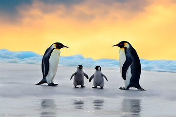 Obraz premium Parent and baby penguins. Parents love, bond and parenting concept.