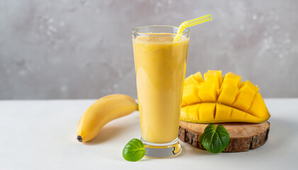 Banana mango smoothie in a tall glass on a light background. Diet breakfast. Tropical fruit drink concept