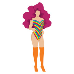 A confident drag queen in rainbow leotard with dark pink wig and orange shoes for LGBTQ+ concept and for equality and diversity supporting. Vector illustration flat charactor on white background
