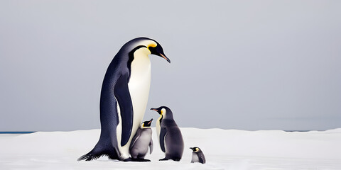 Fototapeta na wymiar Dad or mom and baby penguins. Father love, bond and parenting concept.