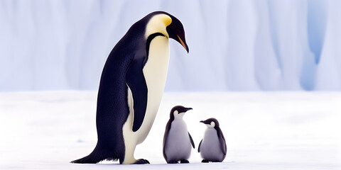 Obraz premium Dad or mom and baby penguins. Father love, bond and parenting concept.