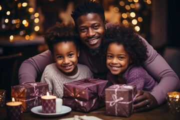 Obraz na płótnie Canvas Portrait of happy family with Christmas gifts. Generative Ai